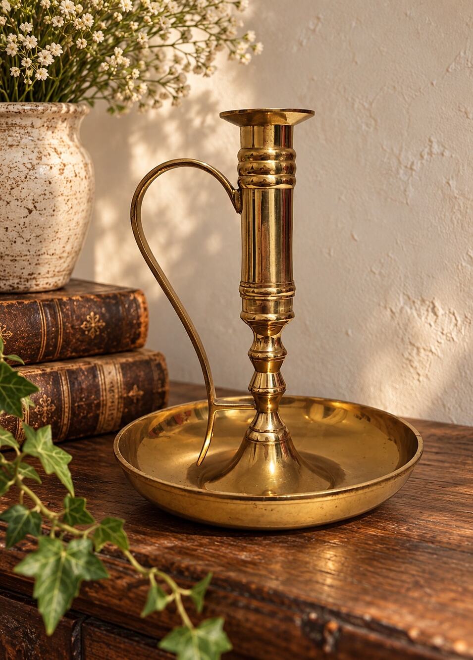 Vintage Brass Chamberstick Candle Holder 7.5" Cottage Victorian English Country